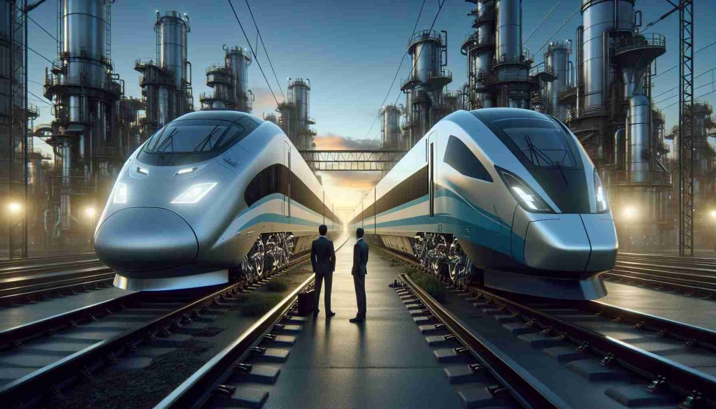 A high-definition, realistic image showcasing the future landscape of rail manufacturing. Two powerful entities seem to be in discussions for collaboration, symbolized by two adjacent high-speed trains with distinct designs representative of their respective entities. Their mechanical characteristics and innovative design features highlight the cutting edge of transportation engineering. The background features an industrial setting bathed in the soft glow of dusk, indicating the imminent arrival of a promising future for rail transport.