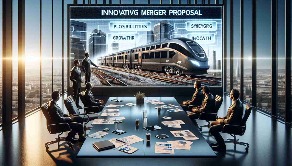 A high-definition, realistic imagery depicting an innovative merger proposal scenario. In this setting, representatives from an automotive company are proposing a merger to a train manufacturing company. The scene is set in a modern corporate boardroom, with large glass windows revealing a cityscape. Displayed on a large screen is a meticulously designed, dynamic presentation that illustrates future possibilities, synergy, growth, and innovation of both companies' collaboration. Micro expressions of excitement and anticipation are evident on the representatives' face. Important papers and digital devices are laid out on the sleek table.