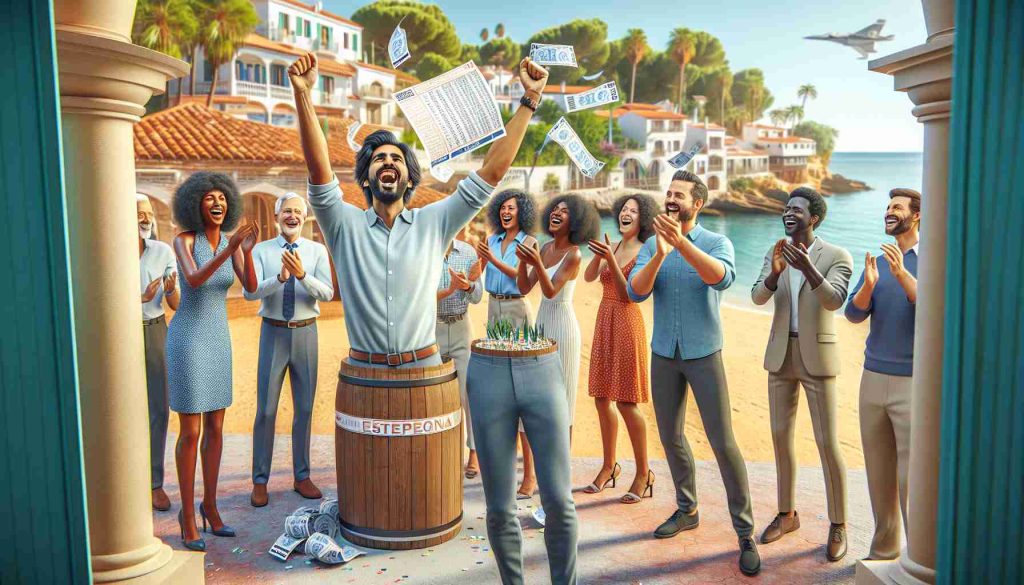 A realistic, high-definition image of an exciting lottery win taking place in a coastal city named Estepona. The image should showcase the celebratory atmosphere, with a jubilant South Asian man holding up his winning lottery ticket. People around him, of differing descents like Caucasian and Black, are clapping and sharing in his happiness. The background should feature typical scenes from Estepona such as a beautiful coastline, sandy beaches, and rustic architecture.