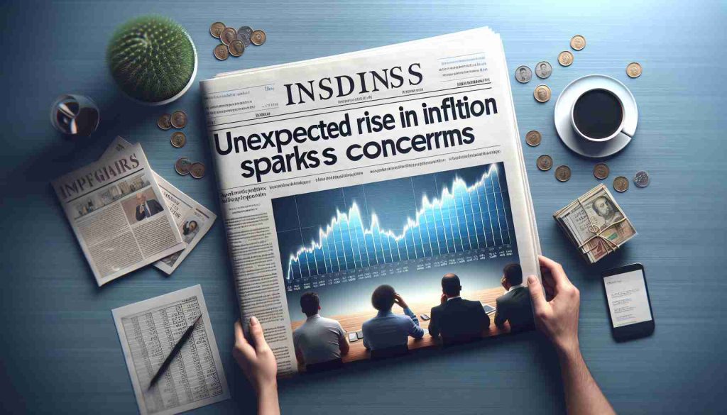 A high-definition, realistic image of a newspaper front page with a bold headline reading, 'Unexpected Rise in Inflation Sparks Concerns'. Images related to financial markets and economy, like a graph showing rising numbers and worried individuals looking at their financial documents, should accompany the headline.