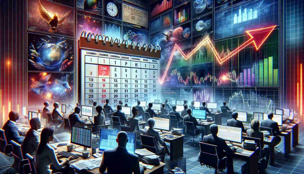 A realistic, high-definition image that represents the anticipation of key economic indicators this week. It could include visuals of an upcoming calendar spelled out with the current week highlighted, different economic symbols like graphs and charts in the background, and a tense atmosphere depicted by colors and lighting. Also, portray a range of people from different descents waiting, observing, and studying these indicators with intense focus. Place these people in an office setting with computers displaying data, newspapers, and financial reports spread out on desks. Some of them could be in discussion, some studying the charts, and others looking thoughtful.