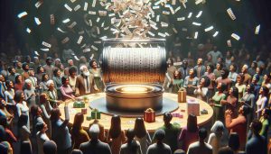 A high definition, realistic image showcasing the excitement of weekly raffle events. The image conveys the anticipation and magic around the random selection process. There is a large, revolving drum filled with tickets. On the table, there are items meant for prizes, which include a variety of objects such as books, small home appliances, and fashion accessories. People around the room, of diverse descents like Hispanic, Caucasian, Black and Asian, both males and females, eagerly await the results, their faces filled with hope and excitement.