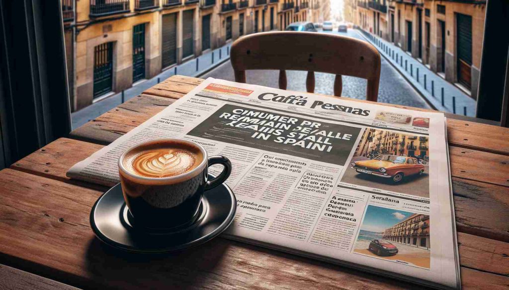 An HD quality, photorealistic image of a headline on a national Spanish newspaper that reads 'Consumer Prices Remain Stable in Spain'. The paper is laid out on a rustic wooden table with a cup of rich Spanish espresso beside it. Background of the image features a sunny Barcelona street view from a café window to emphasize the location. The paper also shows articles with sub-headlines and images on various topics, creating a visually interesting balance of text and illustrations.