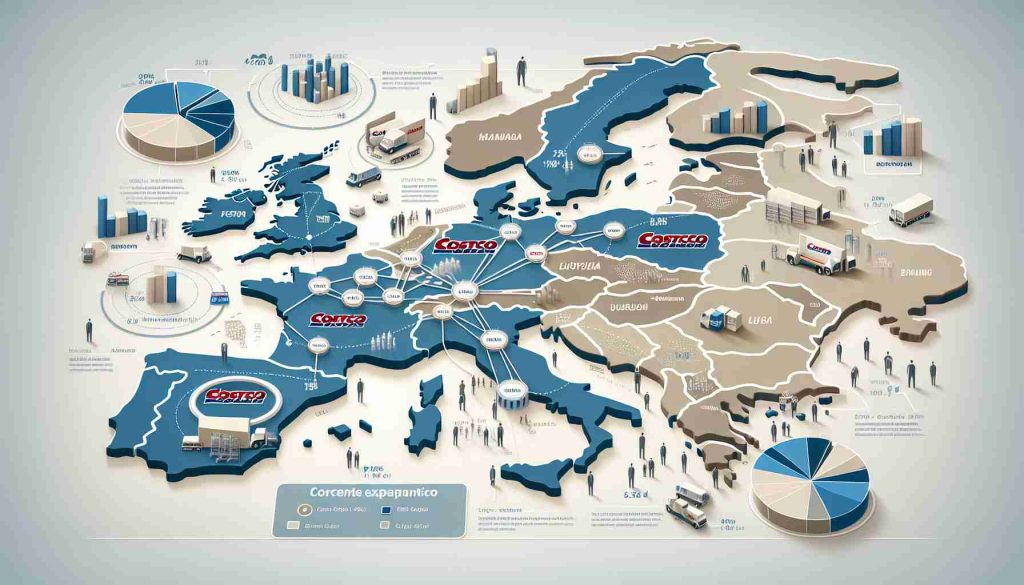 Illustrate a realistic, high-definition concept map showcasing Costco's strategic expansion plans in Europe. The map should include multiple European countries, and use interconnected lines and symbols to represent potential locations for new stores. Also, incorporate bar charts or pie charts to reflect anticipated growth. This concept map should have a corporate style, with neutral colors dominating the scene and clear, professional fonts labeling each element. Please note this is a fictional scenario and does not represent actual Costco expansion plans.