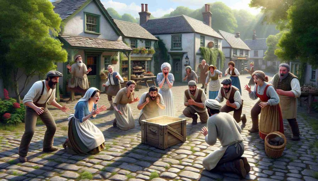 A realistic high-definition image capturing an unexpected moment of good fortune in a small village. The villagers surround a surprising discovery in the town square. Some of the village inhabitants include a Caucasian female baker, a Middle Eastern blacksmith, and a Hispanic elder, all displaying varied expressions of shock and joy. Surroundings include quaint cottages, lush greenery, and a small cobblestone square in the middle, all cast under a bright noonday sun that casts long, dramatic shadows