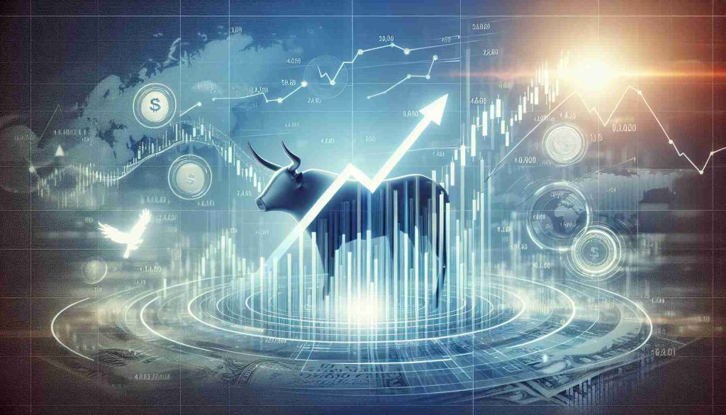 Create a realistic, high definition image depicting the concept of the stock market holding steady near historical highs. This could be represented by a graphic with upward-pointing arrows and charts showing a stable line hovering near the peak. The background could have a financial theme, with symbolic elements like currency symbols, bulls, and bears.