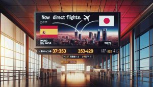 Create a realistic HD image depicting a digital billboard in an airport. The billboard displays the information about a new direct flight that now connects Madrid, Spain, to Tokyo, Japan. Include skyline views of Madrid and Tokyo on each side of the text to signify the respective cities. Also, add a symbol of two airplanes linked by a dotted line to illustrate the route. Lastly, symbolically use the colors from Spain and Japan's flags to add liveliness to the billboard's design.