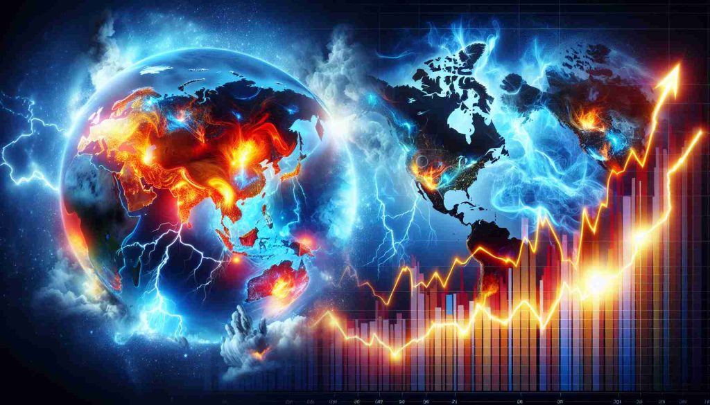 A highly detailed and realistic representation of global tensions affecting energy prices. Visualize this through a metaphorical image of a world map with key energy-producing regions glowing. On the other side, a volatile graph represents the fluctuating energy prices. Infuse elements of unrest such as storms brewing over specific regions. Please use rich, vibrant colors for the map and a clean, clear design for the graph to underscore the tension and uncertainty.