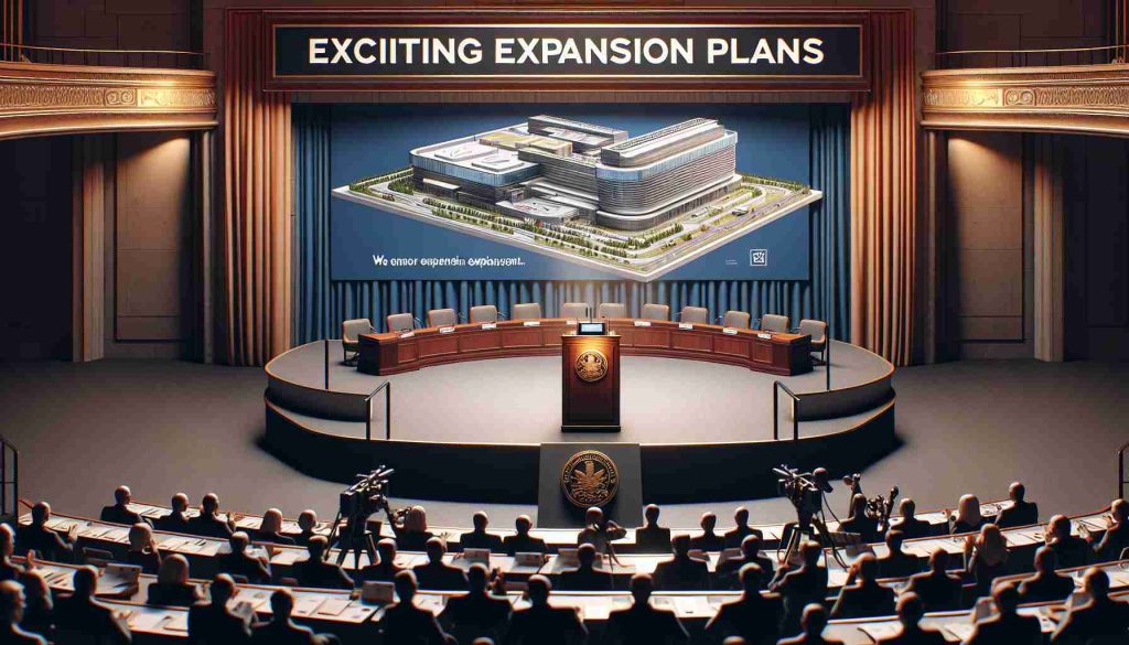 A high-definition, realistic image of a podium at a large auditorium. A banner behind the podium indicates 'Exciting Expansion Plans'. On the podium, there's a 3D miniature model showcasing complex architectural designs, likely signifying expansion plans. Surrounding it are documents and blueprints. The insignia on the podium and banner suggests it's an event organized by a big energy company. The auditorium is fully packed with professional individuals, journalists with cameras and notepads, showing eager anticipation.