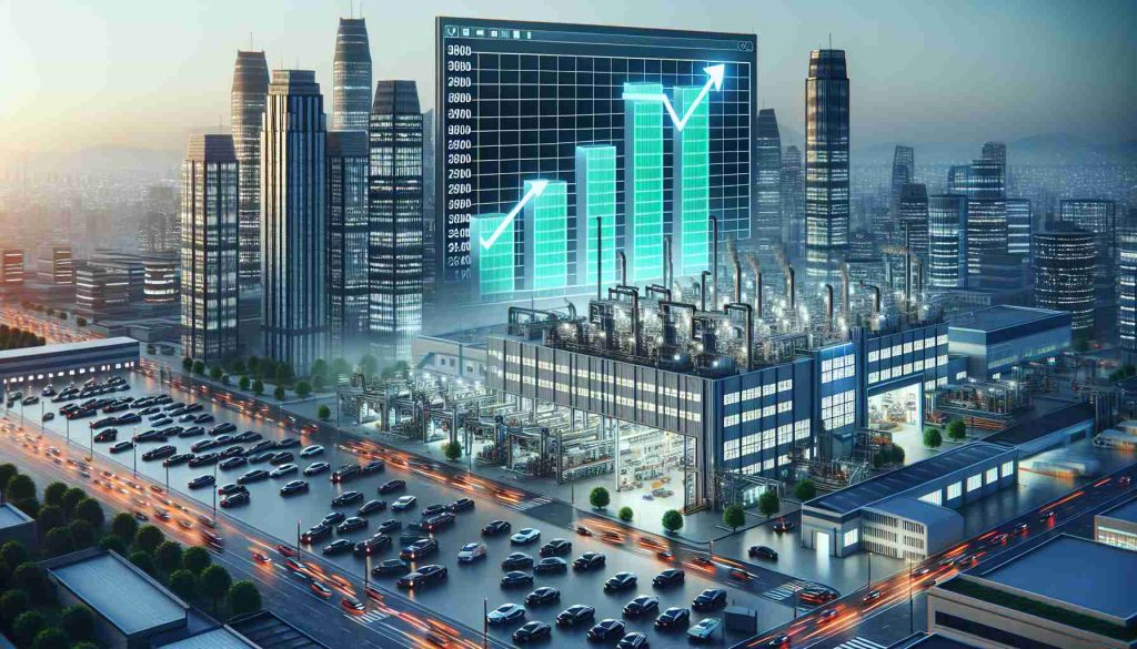 A high-definition, realistic image depicting a remarkable increase in budget allocation for the automotive industry in an urban setting. Here, visualize a bustling city scene that implies growth and prosperity in Sagunto. It could contain towering skyscrapers with large LED screens showing bar graphs and line charts with upward arrows symbolizing the monetary increase. In the foreground, an automotive factory is seen ramping up production with a flurry of activity. Insert indicative signs of Sagunto's unique architecture for authenticity.