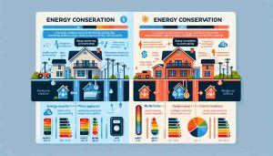 Visualize an educational infographic explaining the concept of energy conservation and its impact on monthly utility bills. Show a detailed comparison of two typical house, one following energy conservation practices like using energy-efficient appliances, insulating the home properly, unplugging electronic devices when not in use, and the other one not following any energy conservation practices. Depict the difference in their monthly utility bills, demonstrating the financial benefits of energy conservation. Pay close attention to realism and quality, creating the graphic in High Definition.