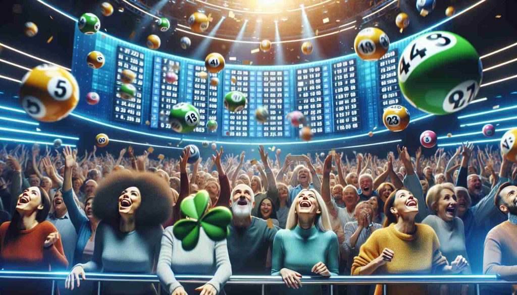 A high-resolution photo depicting the joy and anticipation associated with a contemporary lottery draw. Showcase the atmosphere in the scene with emotional people anxiously awaiting the result, lottery balls with numbers printed on them, intensifying the excitement, and motifs related to good luck like clovers, horseshoes, or lucky charms. The action  takes place on a modern stage with digital monitors displaying the lottery numbers, with a diverse crowd of different genders and descents observed in the foreground.