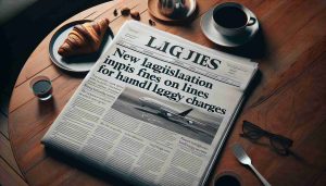 A photo-realistic, high-definition image of a newspaper headline announcing 'New Legislation Imposes Fines on Airlines for Hand Luggage Charges', laid out on a wooden table. The newspaper is in excellent condition, freshly printed with clear, legible text. The headline is bold and prominent, capturing immediate attention. The table surface is of rich, polished oak, adding an air of sophistication to the scene. Scattered around the newspaper, there are a few objects that hint at an early morning breakfast; a half-drunk cup of coffee, a partially eaten croissant, and a pair of reading glasses.