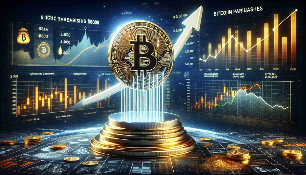 Create a detailed and realistic HD image symbolizing the ascent of Bitcoin as it crosses the $80,000 milestone. The main visual focus should be a physical bitcoin coin, rendered in high resolution and beautifully lit, perhaps soaring towards the sky or positioned on a pedestal. The backdrop can have financial charts, graphs, lines and bars, all indicating an upward trend, symbolizing its massive growth. Additionally, include text headlines or banners proclaiming 'Bitcoin Surpasses $80,000' to emphasize the milestone.