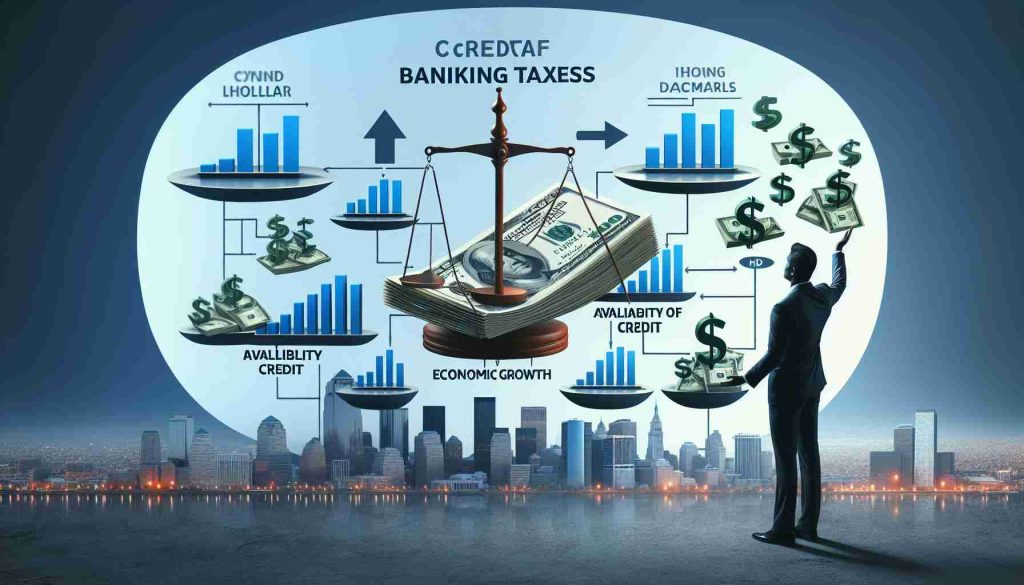 Create an HD conceptual representation illustrating the effects of banking taxes on credit availability and economic growth. Visualize it as a flowchart or graph, depicting a strong dollar bill, scales showing the balance of successes and failures, bar graphs representing availability of credit, and a growing city skyline symbolizing economic growth.