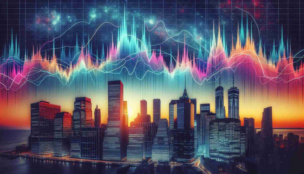 Generate a realistic, high-definition image that visually represents the impact of competition on banking stocks. This could be understood as fluctuating line graphs denoting the prices of banking stocks, against the background of competing businesses shown as different-sized skyscrapers. Colors should be vibrant for the lines to denote the volatility and darker for the skyscrapers to denote the competition. The sky could be a gradient of evening colors to signify the passage of time.