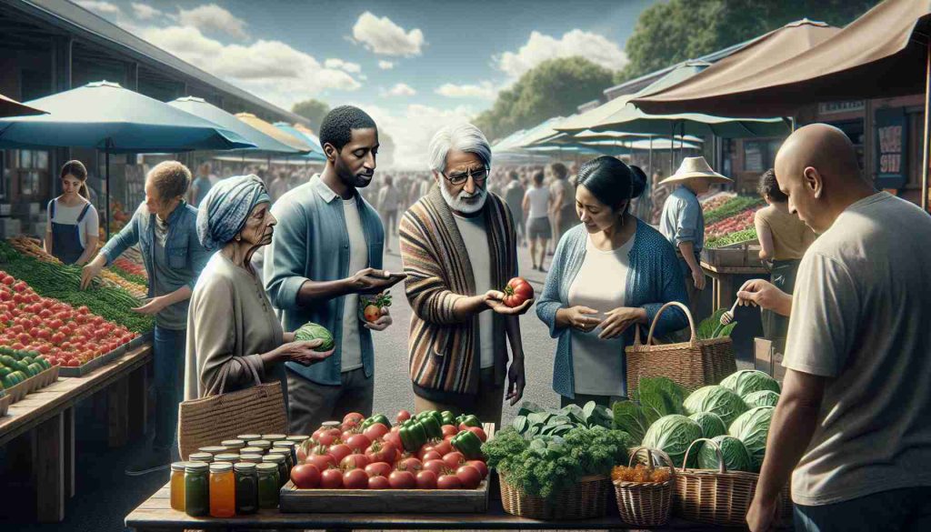 Generate a high-definition, realistic image portraying the rise of sustainable shopping movements. The scene captures a bustling farmer's market filled with stalls offering organic, locally sourced produce. Picture shoppers of varied descents and genders, like a Black man scrutinizing a basket of ripe tomatoes, a South Asian woman in conversation with a stall owner about a bundle of fresh spinach, and a Hispanic elder inspecting organic honey jars. Subtly illustrate a blend of nature and commerce, demonstrating a shift towards eco-friendly practices and consumer consciousness.